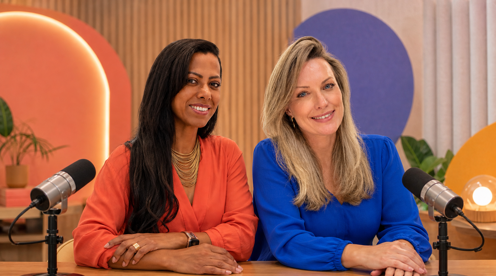 As apresentadoras do podcast Menopausa Não Tem Cor no estúdio