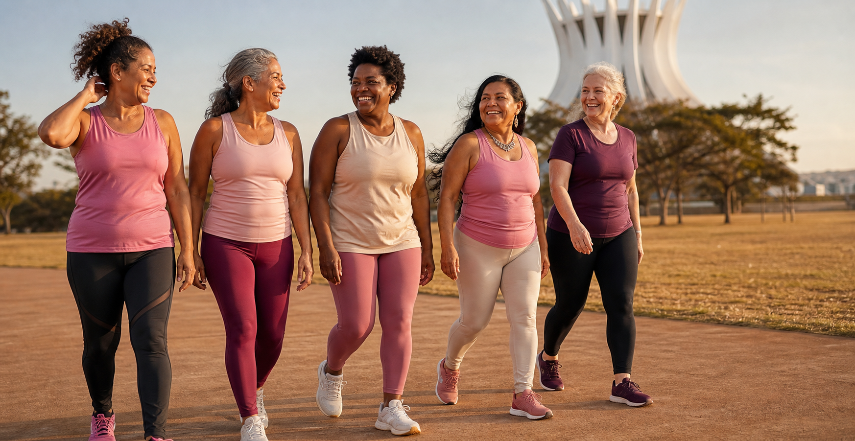 Mulheres maduras diversas caminhando juntas em Brasília